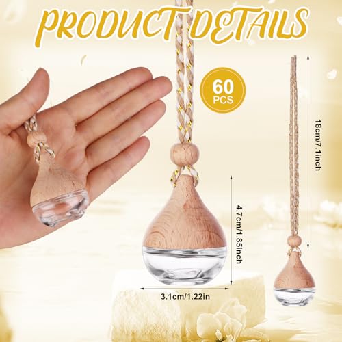 60 Pcs Hanging Car Air Freshener Car Diffuser Bottle Empty Glass Perfume Bottles Air Freshener Diffuser Bottle Pendant for Essential Oils Fragrance Aromatherapy Ornament Decor (60 Count)
