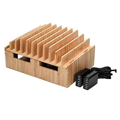 10 Port Bamboo Charging Station Includes 2 Powermod 6 USB Port Chargers for Smartphones & Tablets