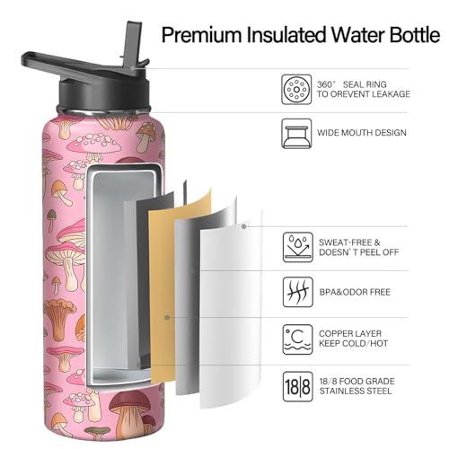 40oz Mushroom Water Bottle with Handle and Flip Straw