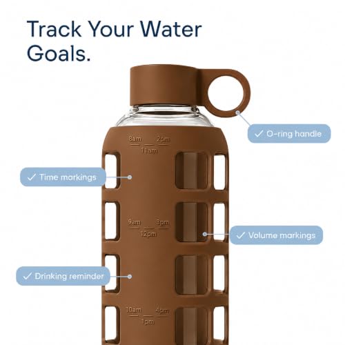 40oz / 32oz / 22oz / 12oz Borosilicate Glass Water Bottle with Time & Volume Markers, Silicone Sleeve, Stainless Steel Lid | Reusable Glass Bottle for Water & Juice (22oz Earth Brown)