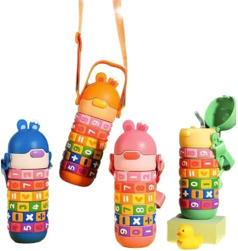 Kids Premium 14 oz Math Water Bottle with Silicone Spout, Leak-Proof Locking Flip Lid, Carrying Strap, Educational, Fun, Learning, Puzzle, Insulated, Stainless Steel, Sensory, Fidget. (Blue)