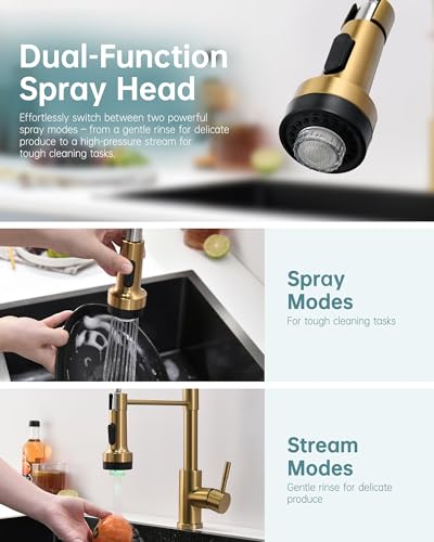 Gold LED Kitchen Faucet with Soap Dispenser and Pull Down Sprayer