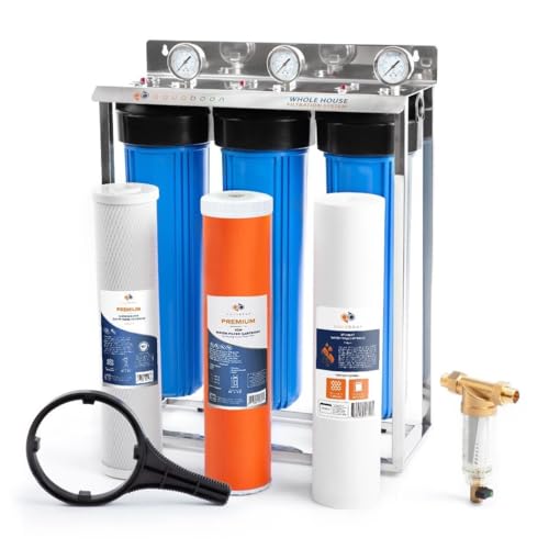 3 Stage Whole House Water Filter System with 5 Micron 20x4.5 Reducing Sediment and KDF Heavy Metals Water Filter Purification Cartrige