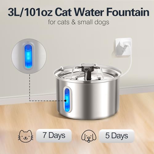 3L 101oz Stainless Steel Cat Water Fountain for Indoor Use