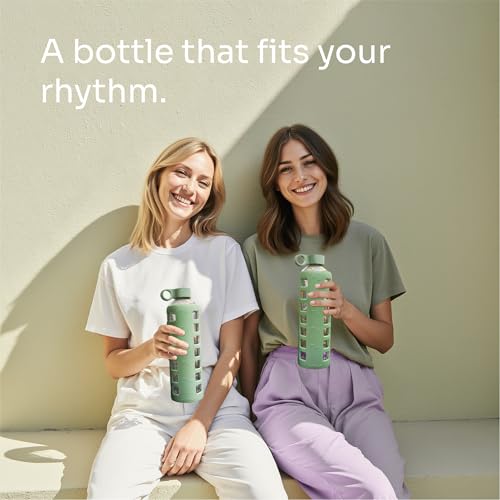 40oz / 32oz / 22oz / 12oz Borosilicate Glass Water Bottle with Time & Volume Markers, Silicone Sleeve, Stainless Steel Lid | Reusable Glass Bottle for Water & Juice (32oz Shale Green)