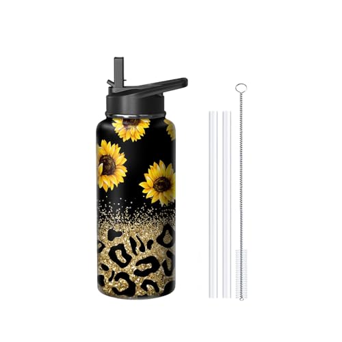 18oz Leopard Sunflower Water Bottle with Handle and Flip Straw