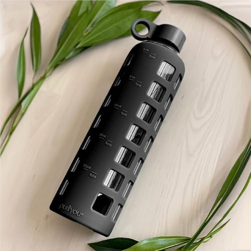 40oz / 32oz / 22oz / 12oz Borosilicate Glass Water Bottle with Time & Volume Markers, Silicone Sleeve, Stainless Steel Lid | Reusable Glass Bottle for Water & Juice (32oz Jet Black)