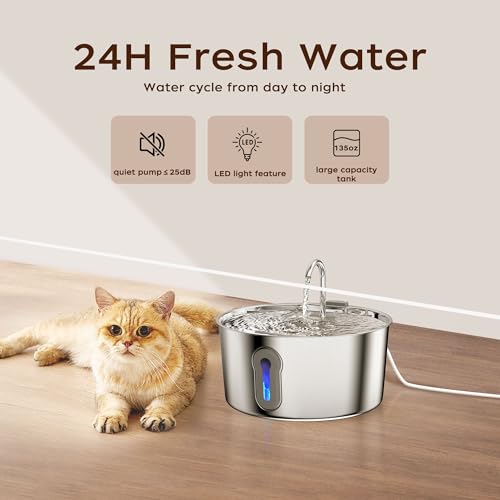 4L 135oz Large Cat Water Fountain Advanced 304 Stainless Steel with Detachable Tank (135 Ounce)