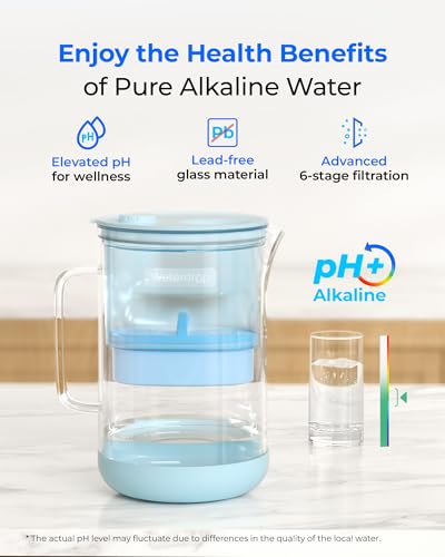 PT-09B-A 10-Cup Large Glass Alkaline Water Filter Pitcher, Blue