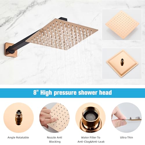 Shower Faucet Set Bathroom Matte Black and Rose Gold Rainfall Shower System Wall Mount with 8 Inch Square Shower Head