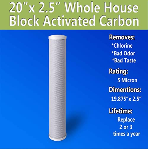 Standard Whole House Coconut Shell Carbon Block 5 Micron Water Filter 20” x 2.5” Fits 20” x 2.5” Housings. Remove Chlorine and Bad Odor. Compatible with C1