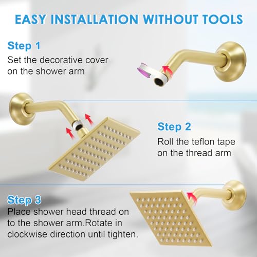 6 Inch Square Shower Head Stainless Steel High Pressure Rain Shower Heads with Extension Arm Adjustable Angle Replacement Luxury Shower Head for Modern Bathroom