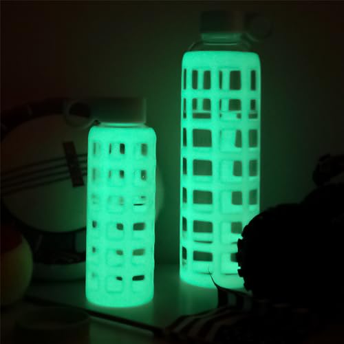 40oz / 32oz / 22oz / 12oz Borosilicate Glass Water Bottle with Time & Volume Markers, Silicone Sleeve, Stainless Steel Lid | Reusable Glass Bottle for Water & Juice (22oz Glow-in-the-Dark) (4 Count)
