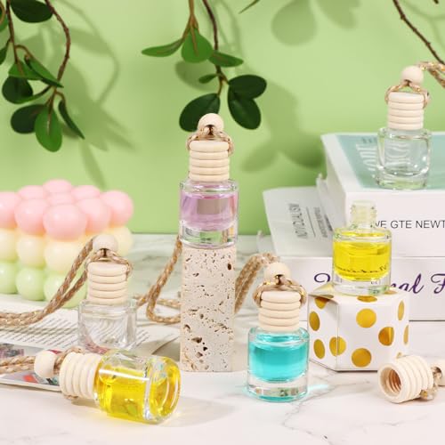 50Pcs Hanging Car Air Freshener Diffuser with Wooden Caps 8ML Empty Clear Car Diffuser Bottles Hanging Glass Essential Diffuser Oil Fragrance Perfume Pendant Glass Vial (50 Count)