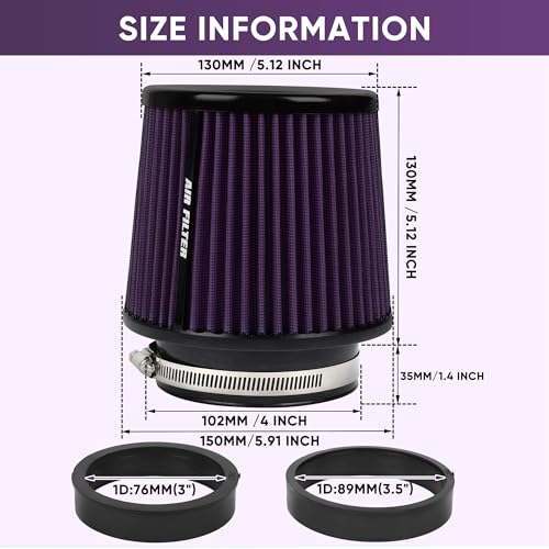 3 3.5 4 Inches Cold Air Intake Filter 76mm 89mm 101mm High Performance Washable Clamp