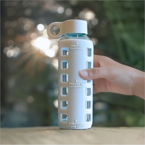 40oz / 32oz / 22oz / 12oz Borosilicate Glass Water Bottle with Time & Volume Markers, Silicone Sleeve, Stainless Steel Lid | Reusable Glass Bottle for Water & Juice (12oz Ice Blue)