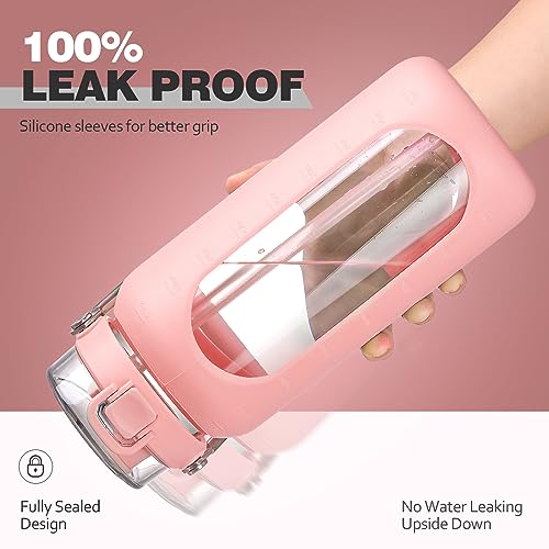 64oz Water Bottle Glass with Stainless Steel Handle Large Water Bottle with Time Markers and Silicone Sleeve Half Gallon Water Jug BPA Free for Gym Daily Use