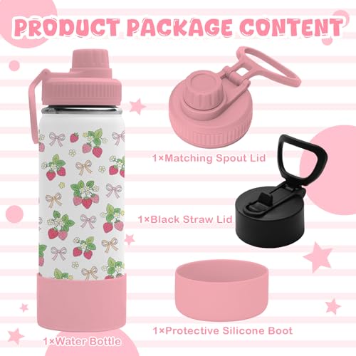18oz Strawberry Water Bottle with 2Lids