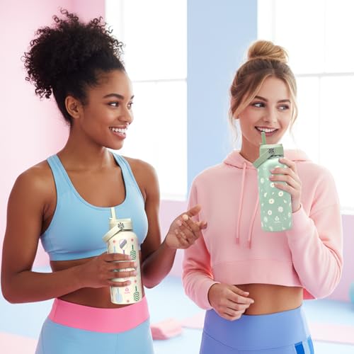 32oz Green Daisy Insulated Water Bottle for Women with Straw