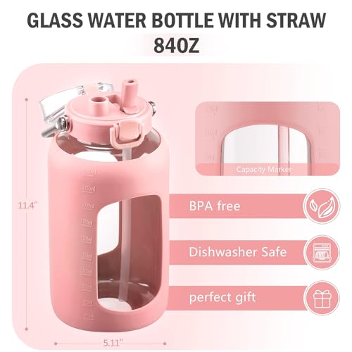 84oz Water Bottle Glass with Stainless Steel Handle Large 2.5l Water Bottle with Time Markers and Silicone Sleeve Half Gallon Water Jug BPA Free for Gym Daily Use