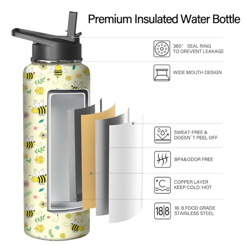 40oz Bee Water Bottle with Handle and Flip Straw
