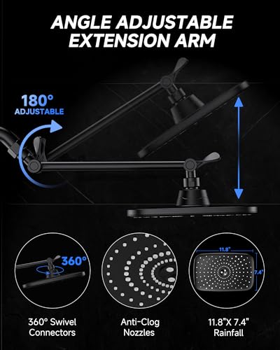 11.8" Black Rain Shower Head with 11" Stainless Steel Exension Arm