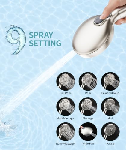 Filtered Shower Head with Handheld High Pressure 9 Spray Mode Showerhead Detachable Shower Head Water Softener Filters Beads for Hard Water Remove Chlorine 1 Filter 1.8GPM Brushed Nickel