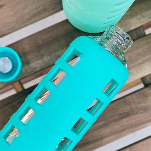40oz / 32oz / 22oz / 12oz Borosilicate Glass Water Bottle with Time & Volume Markers, Silicone Sleeve, Stainless Steel Lid | Reusable Glass Bottle for Water & Juice (32oz Aqua Blue)