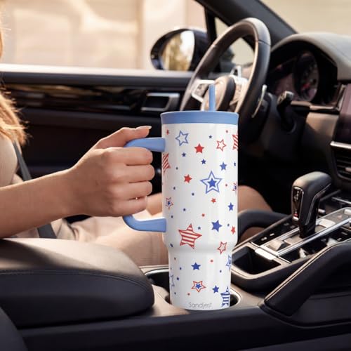 American Flag Stainless Steel Locking Lid Silicone Straw Tumbler with Handle 40oz