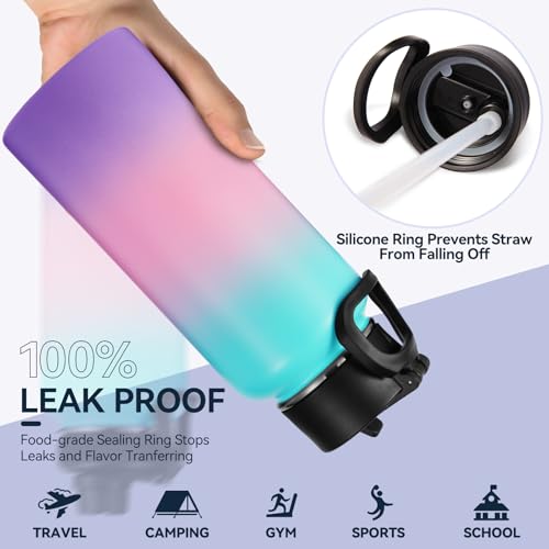 32 oz Insulated Water Bottles Bulk with 2 Lids (4 Count)