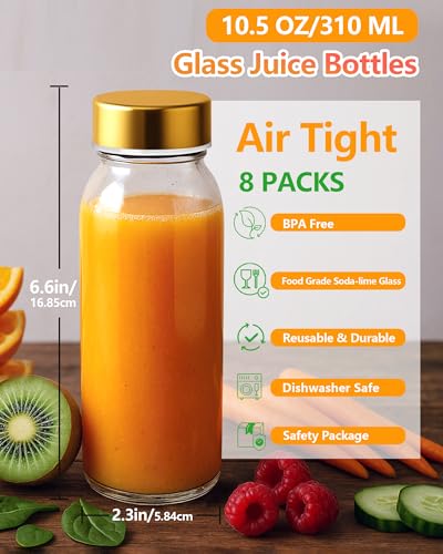 10.5 oz Glass Juice Bottles with Stainless Steel Gold Lid Leak Proof (8 Count)
