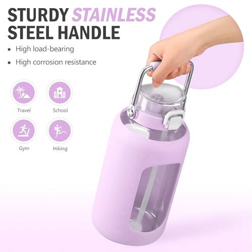 84oz Water Bottle Glass with Stainless Steel Handle Large 2.5l Water Bottle with Time Markers and Silicone Sleeve Half Gallon Water Jug BPA Free for Gym Daily Use