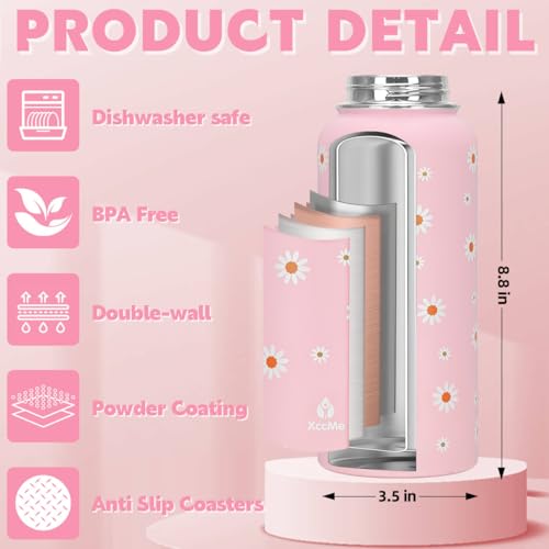 32oz Pink Daisy Insulated Water Bottle for Women with Straw