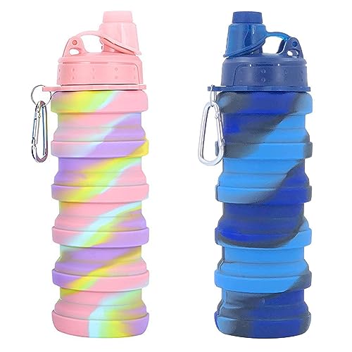 Collapsible Water Bottles Two Pack Travel Sports Portable Sport Water Bottle comes with mountaineering Buckle 500ml silicone Water (2 Count)