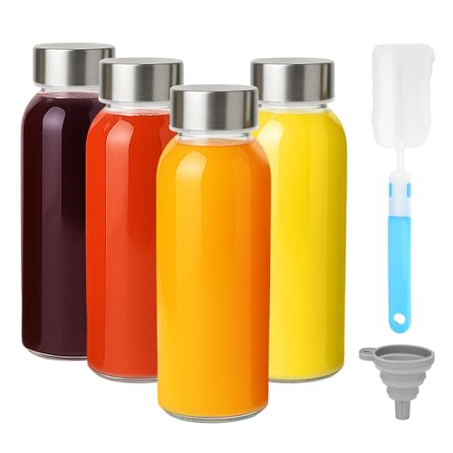 10.5 oz Glass Juice Bottles with Stainless Steel Lids (4 Count)