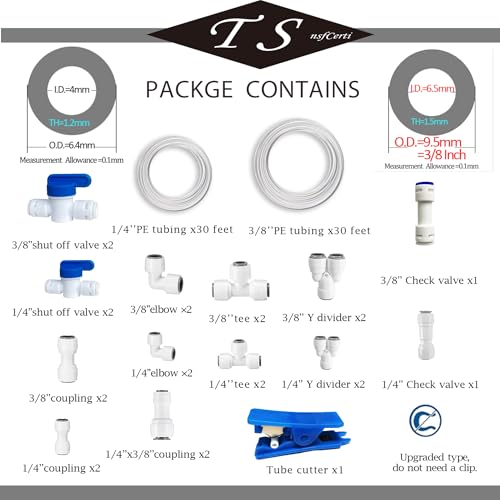 NSF 1/4" & 3/8" Water Line Tubing and Push Connect Fittings for Reverse Osmosis Water Filter RO fittings,25 pcs connetors+30 feet 1/4"(6.4mm) water tube +30 feet 3/8"(9.5mm) water tubing