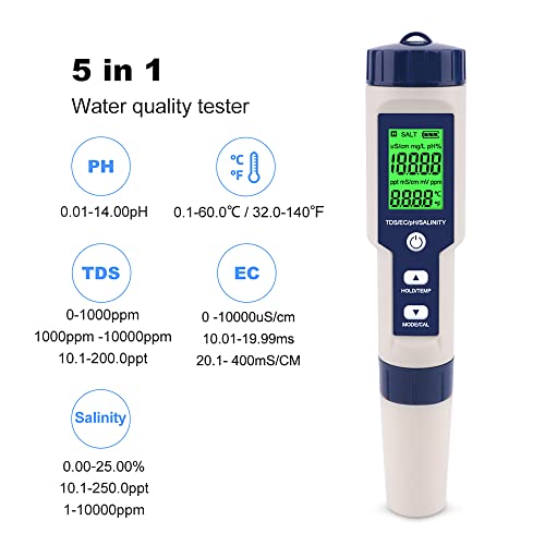 PH Meter for Water 5 in 1 PH Temp TDS and EC Meter