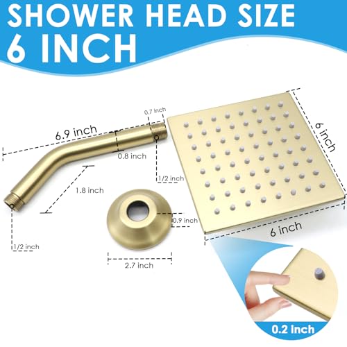 6 Inch Square Shower Head Stainless Steel High Pressure Rain Shower Heads with Extension Arm Adjustable Angle Replacement Luxury Shower Head for Modern Bathroom