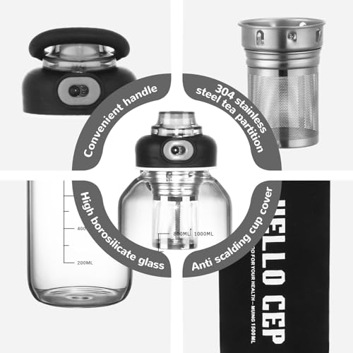 34oz Glass Water Bottle with capacity Mark & Stainless Steel Tea Strainer