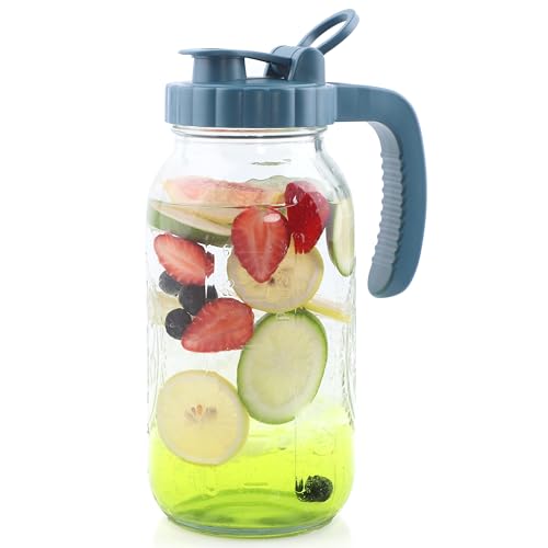 Mason Jar Pitcher 2 Quart With Pour Spout Lids 64 OZ Wide Mouth Water Pitcher Airtight And Leakproof Glass Carafe With Handle And Flip Cap For Milk