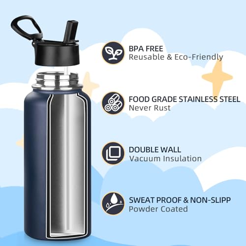 32oz Metal Sports Insulated Water Bottle with Straw Lid