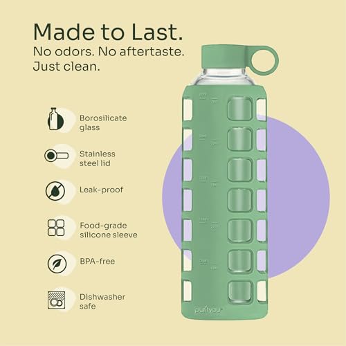 40oz / 32oz / 22oz / 12oz Borosilicate Glass Water Bottle with Time & Volume Markers, Silicone Sleeve, Stainless Steel Lid | Reusable Glass Bottle for Water & Juice (32oz Shale Green)