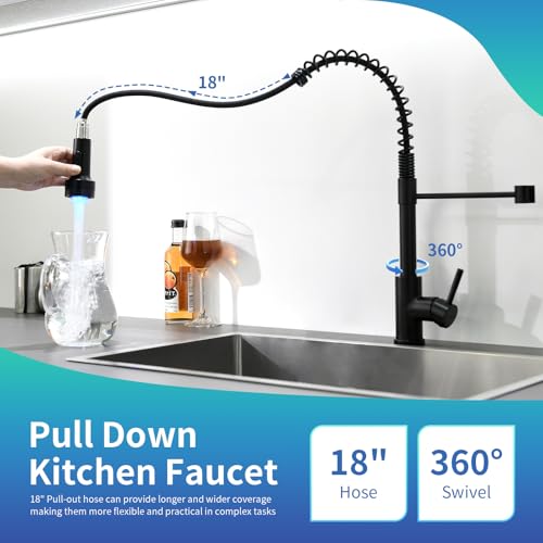 Black Kitchen Faucet with Pull Down Sprayer Single Hole Stainless Steel LED Faucet