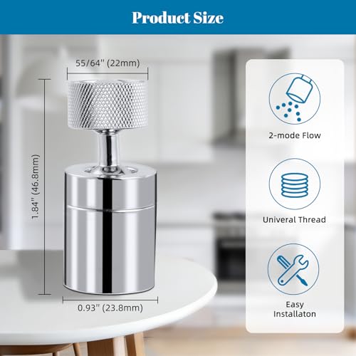 NSF/ANSI/CAN 61 Certified Dual-function Faucet Aerator, CUPC Certification Big Angle Rotate Kitchen Sink Aerator 360 Degree Swivel Sink Sprayer Attachment-55/64 Inch Female Thread-Chrome