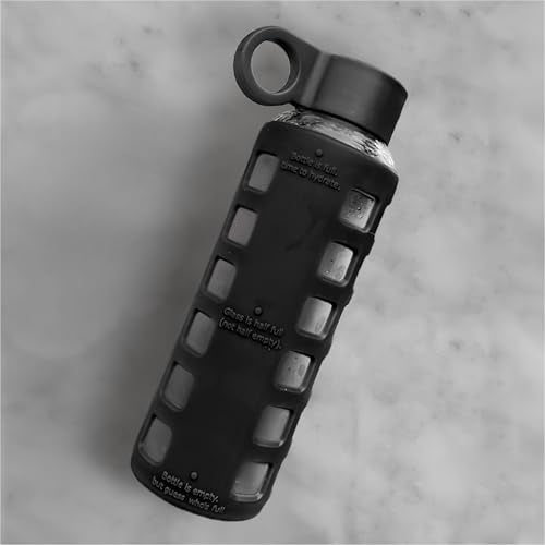 40oz / 32oz / 22oz / 12oz Borosilicate Glass Water Bottle with Time & Volume Markers, Silicone Sleeve, Stainless Steel Lid | Reusable Glass Bottle for Water & Juice (12oz Jet Black)