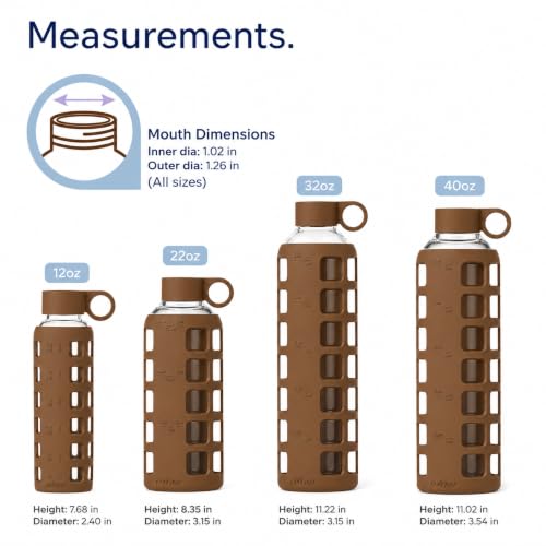 40oz / 32oz / 22oz / 12oz Borosilicate Glass Water Bottle with Time & Volume Markers, Silicone Sleeve, Stainless Steel Lid | Reusable Glass Bottle for Water & Juice (22oz Earth Brown)