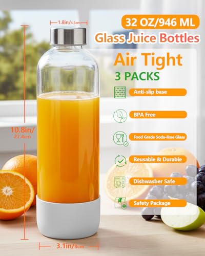32oz Large Glass Juice Bottles With Stainless Steel Lids (3 Count)