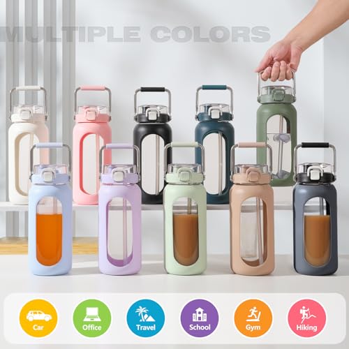 64oz Water Bottle Glass with Stainless Steel Handle Large Water Bottle with Time Markers and Silicone Sleeve Half Gallon Water Jug BPA Free for Gym Daily Use