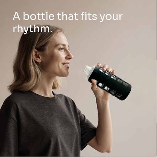 40oz / 32oz / 22oz / 12oz Borosilicate Glass Water Bottle with Time & Volume Markers, Silicone Sleeve, Stainless Steel Lid | Reusable Glass Bottle for Water & Juice (22oz Jet Black)