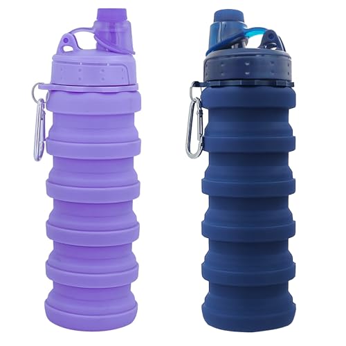 Collapsible Water Bottles Two Pack Travel Sports Portable Sport Water Bottle comes with mountaineering Buckle 500ml silicone Water (2 Count)